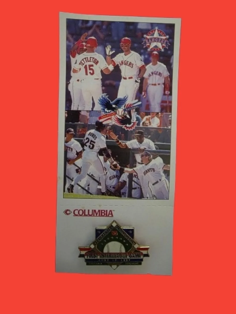 📣Vintage '97 Columbia TX Rangers⚾ 1st Interieague Game MLB Hat Pins Set of 2